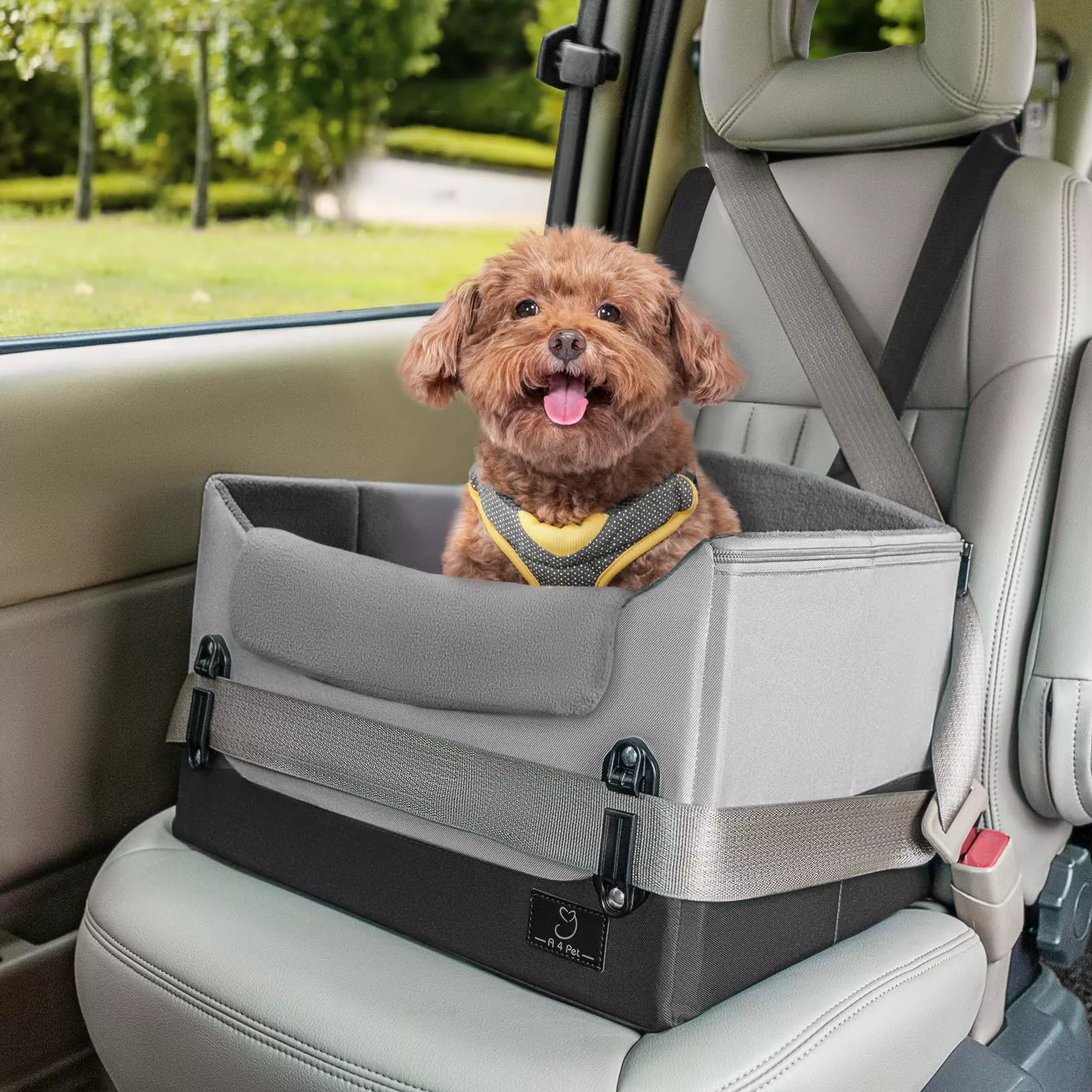 A 4 Pet Small Dog Car Seat - Safety Booster Seat with Adjustable Leash, Grey - Fits Dogs Under 25lbs, Model DVCC047