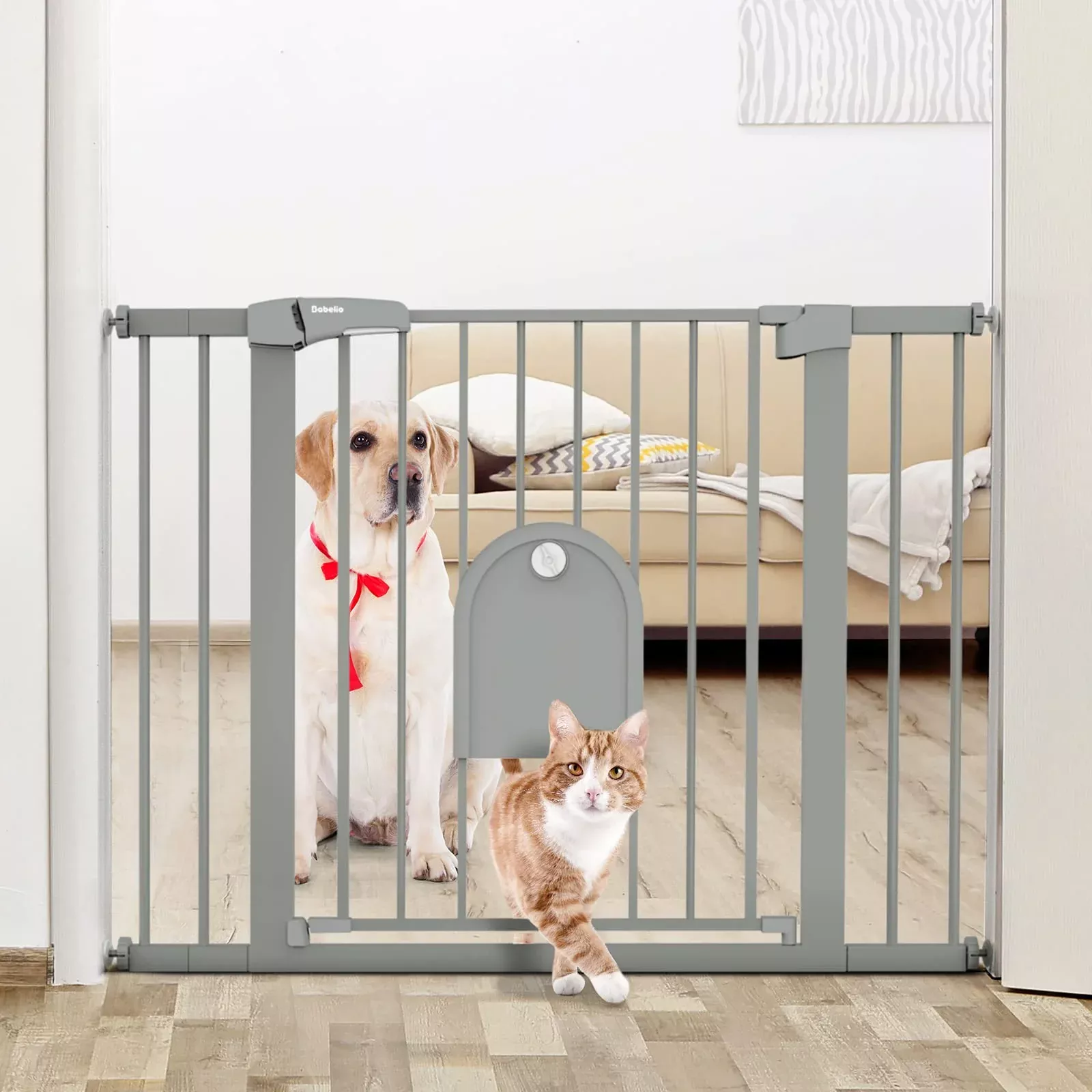BABELIO Auto Close Baby Gate with Cat Door, 29-43" Wide, 30" Tall, Gray, Alloy Steel, Model CB-M-101
