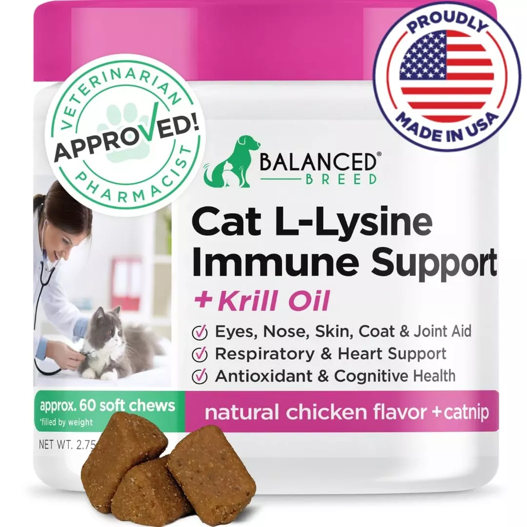 Balanced Breed L-Lysine Cat Treats, 60 Count, Chewable, Veterinarian Approved, Omega 3, Natural Supplements for Healthy Cats