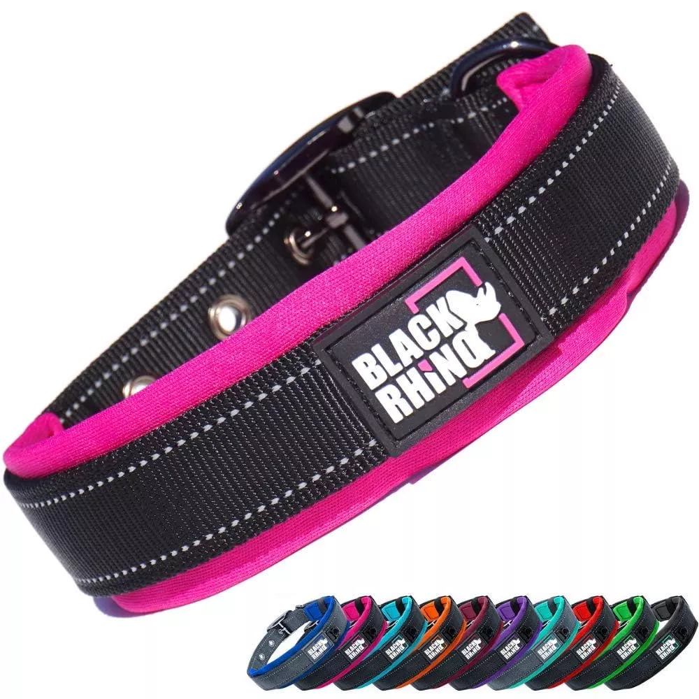 Black Rhino Comfort Collar - Ultra Soft Neoprene Padded Dog Collar, Medium, Pink/Black, Heavy Duty, Adjustable, Reflective, Weatherproof
