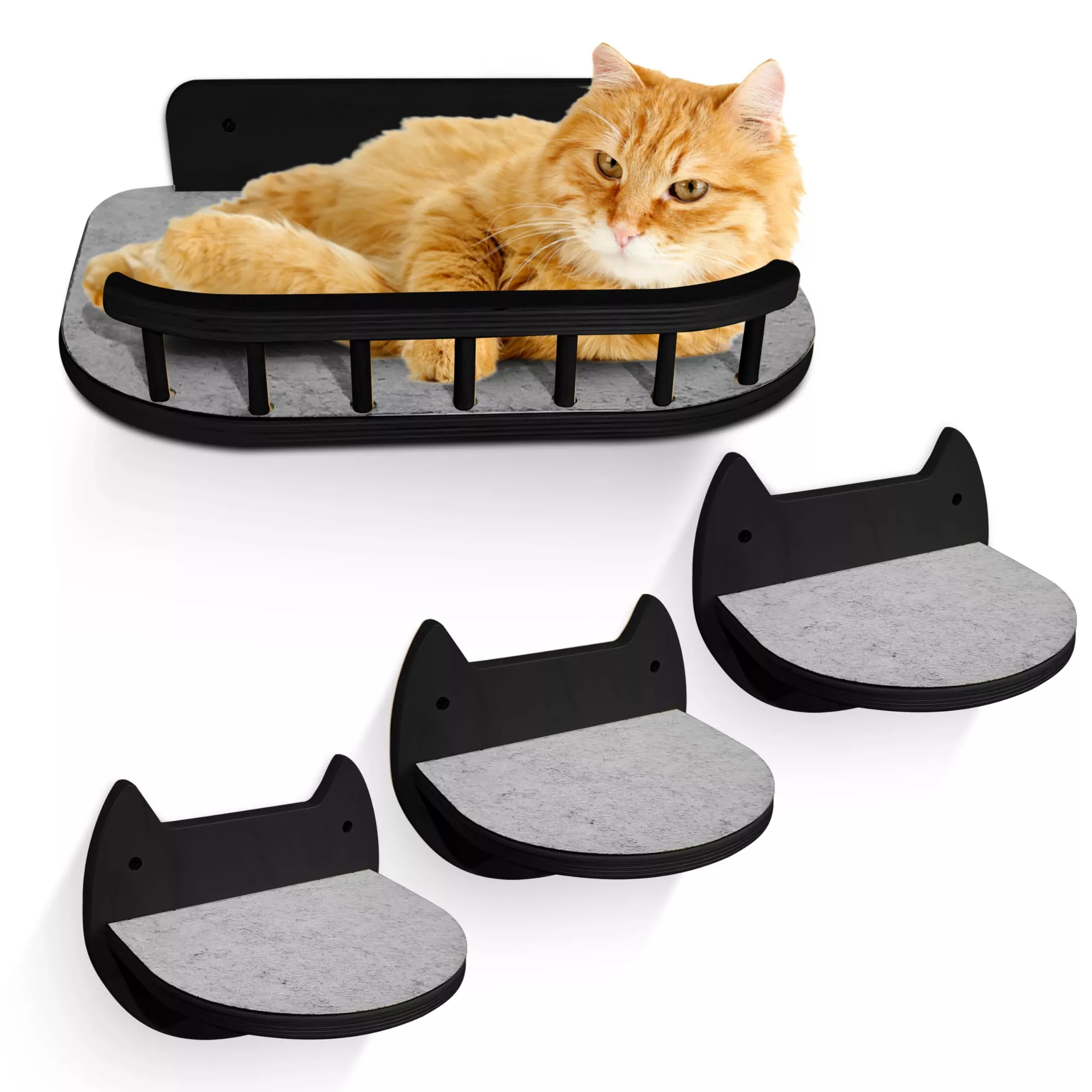 BUOGA Cat Wall Shelves with 3 Steps - Modern Mounted Cat Wall Furniture & Shelf, Premium Hardwood Bed for Climbing, Sleeping & L