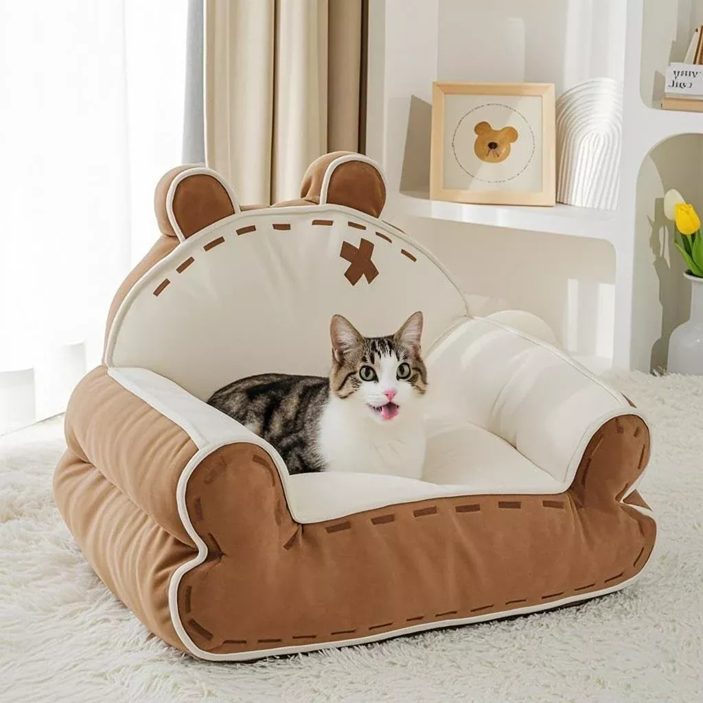 ?? Cat Couch Bed for Indoor Cats, Cute Couch for Pets, Shape Design Cat Sofa Bed with Bear Ear, Fluffy Pet Beds with Non-Slip Bo