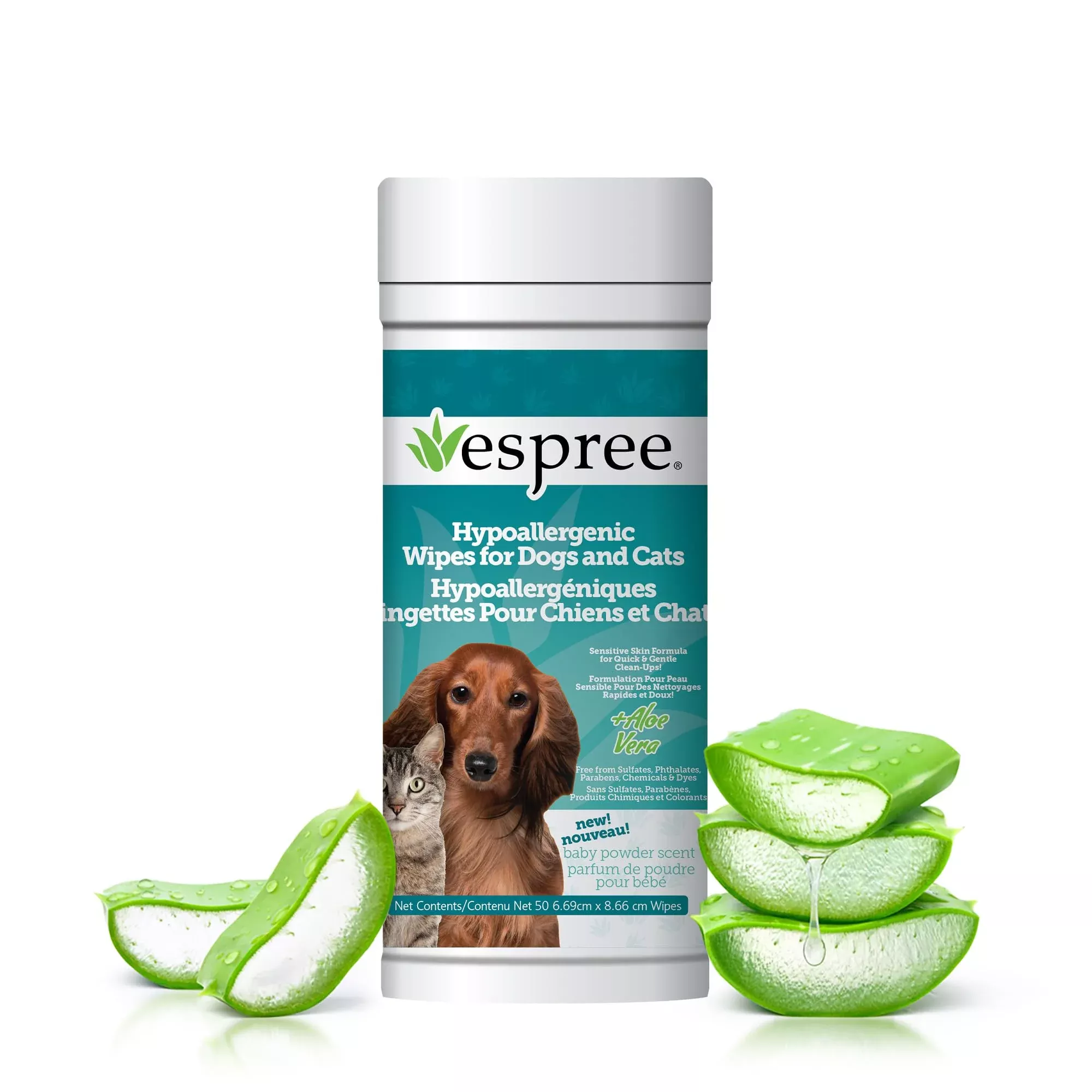 Espree Hypoallergenic Aloe Wipes for Pets, 50 Count, Fresh Baby Powder Scent, Ideal for Dogs and Cats, White