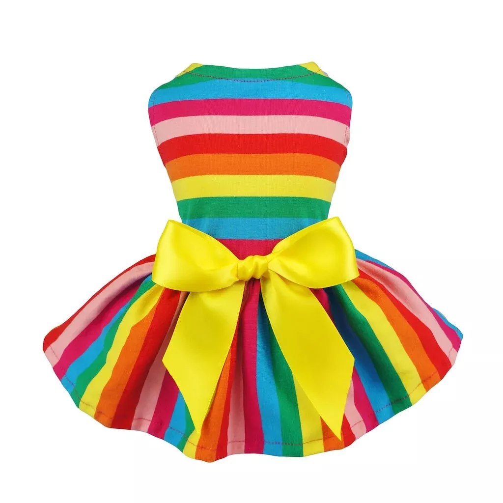 Fitwarm Rainbow Striped Dog Dress, Summer Dog Clothes for Small Dogs Girl, Pet Cat Outfit, 100% Breathable Cotton, Red Yellow Bl