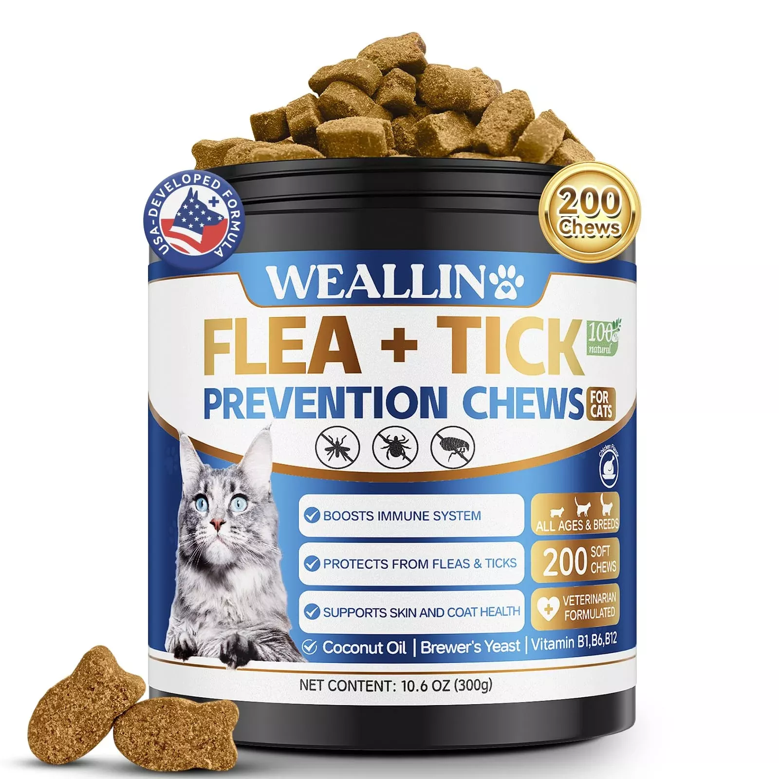 Flea and Tick Prevention for Cats, 200 Soft Chews for Fleas Treatment for Cats, Natural Cat Oral Flea Chewables Support Suppleme