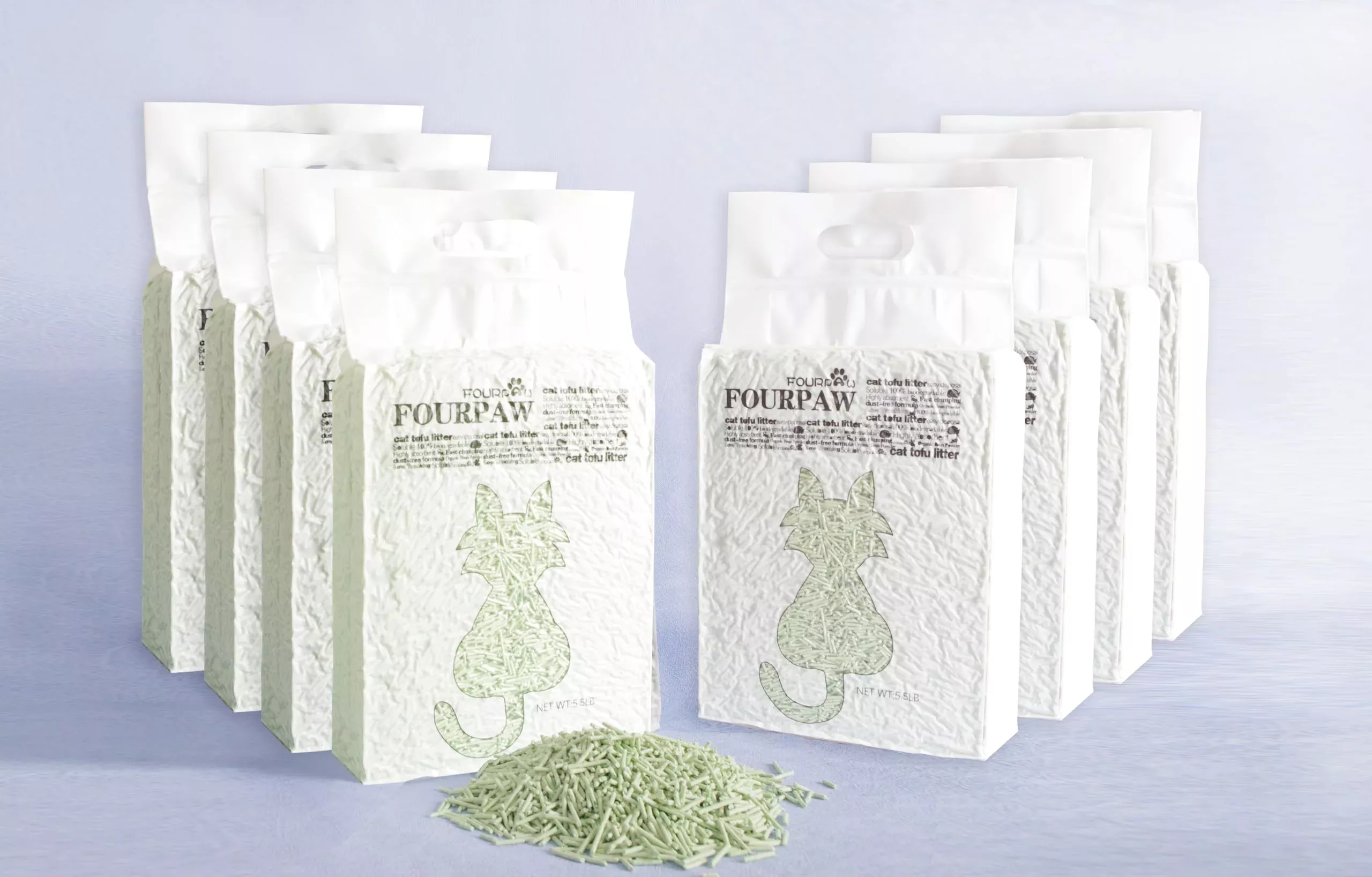 Fourpaw Tofu Cat Litter Green Tea 5.5 Lbs X 8 Bags, Flushable Clumping Fast Drying, Ultra Absorbent, Low Tracking Cat Litter 2Mm