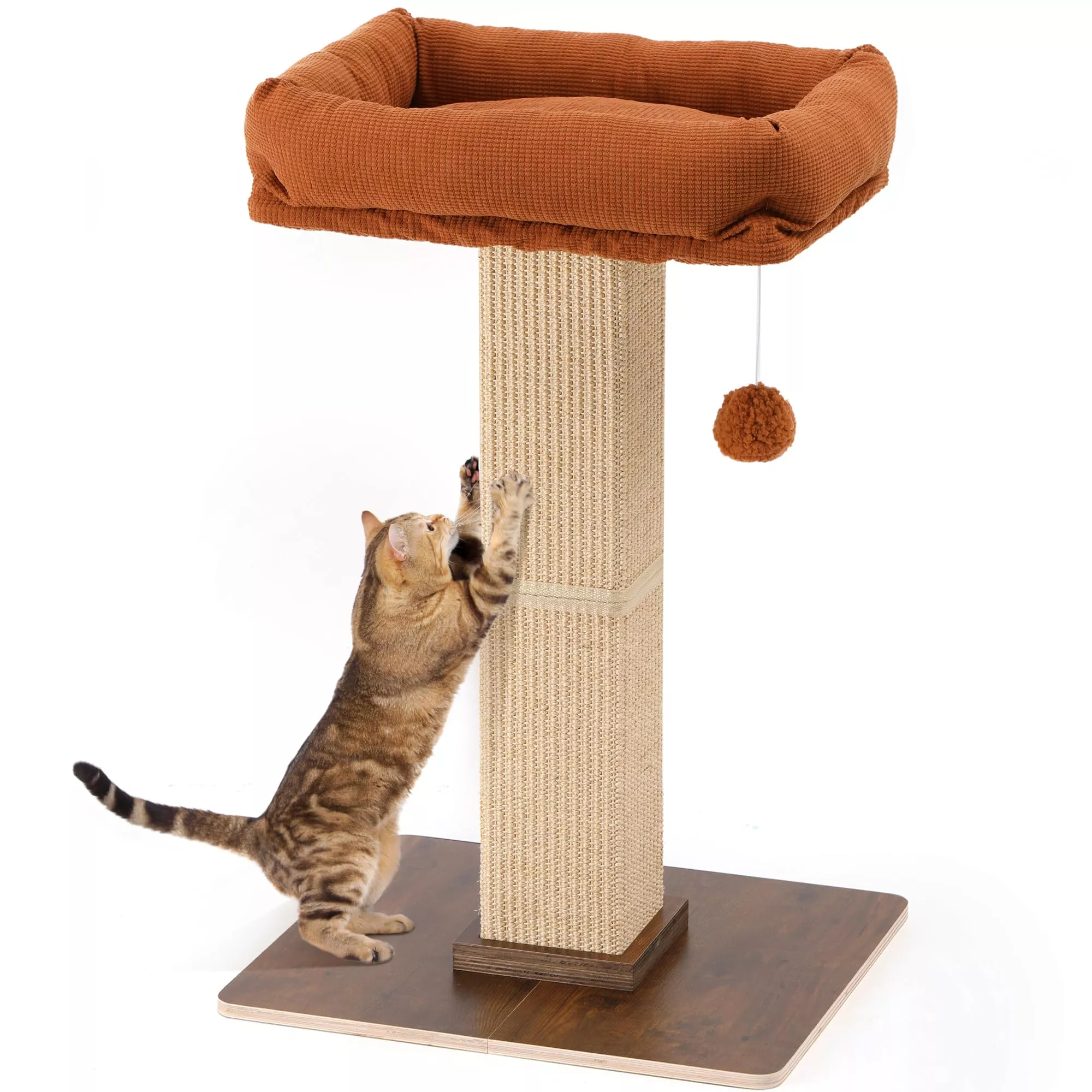 FUKUMARU Retro Cat Scratching Post - Large Brown Scratch Tower with Natural Sisal and Bed for Indoor Cats