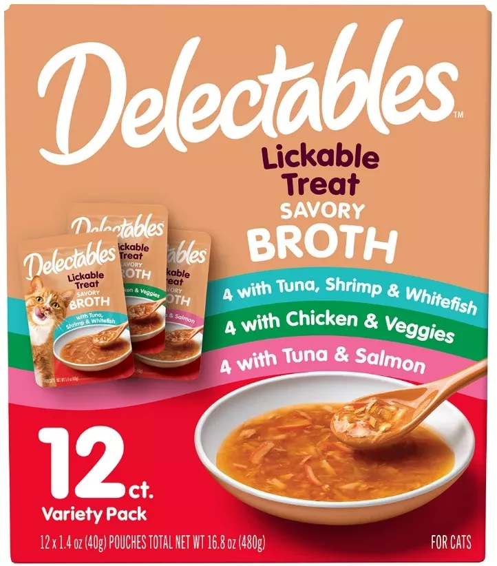 Hartz Delectables Savory Broths Wet Cat Treats Variety Pack, 12 Count, Lickable Treats