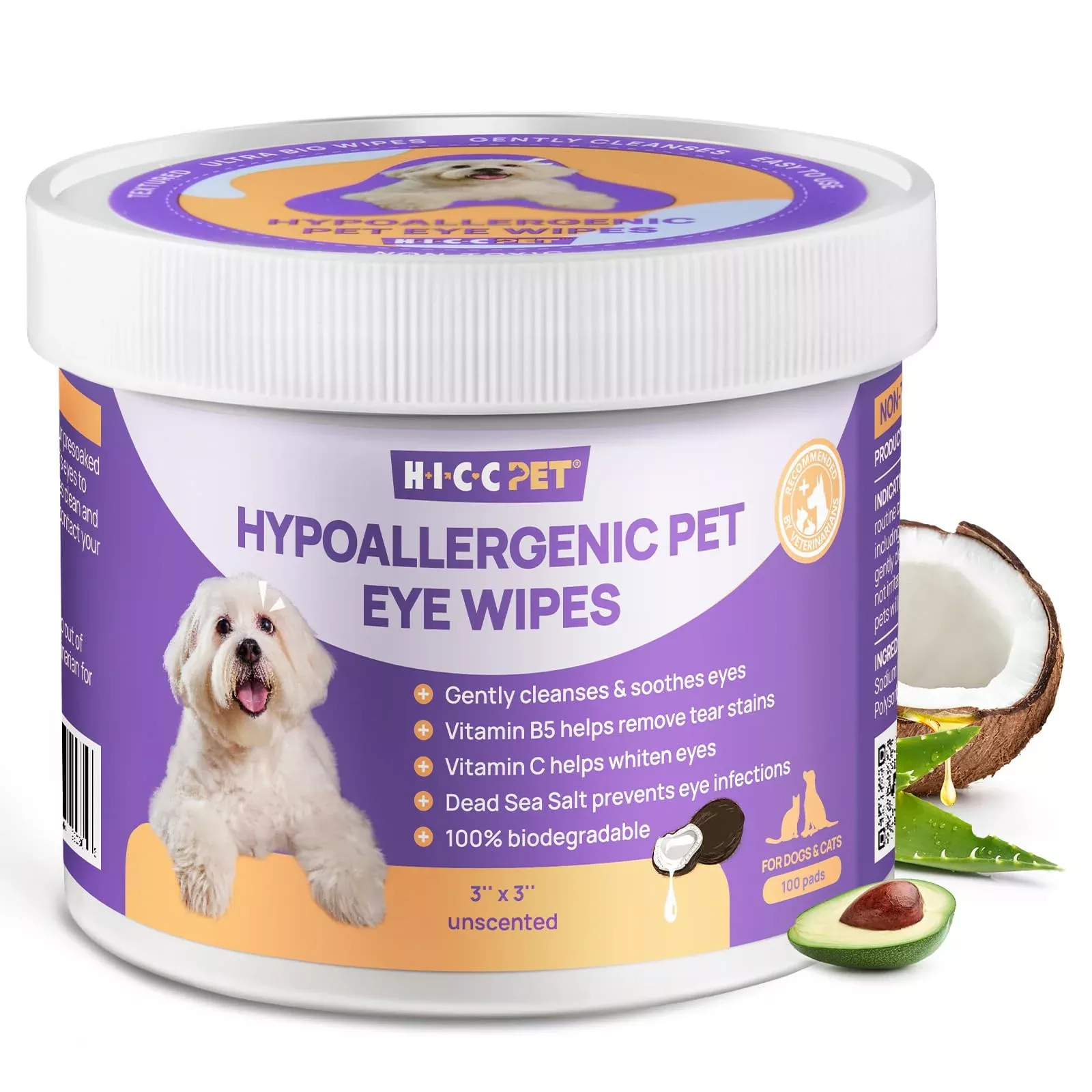 HICC PET Eyes Wipes for Dogs & Cats - Gently Remove Tear Stain, Debris, Discharge, Crust - Coconut Oil Pet Cleaning Grooming Deo