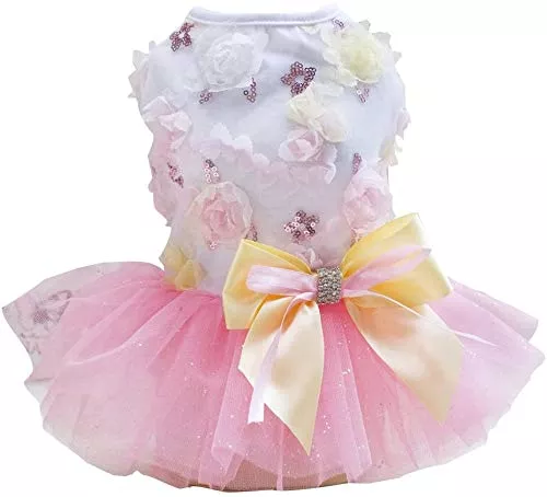 Izefia Dog Dress Puppy Skirt Dog Princess Dresses Tutu Flower and Sequin Dot Wedding Lace Dress Luxury Bow Dog Dresses for Small