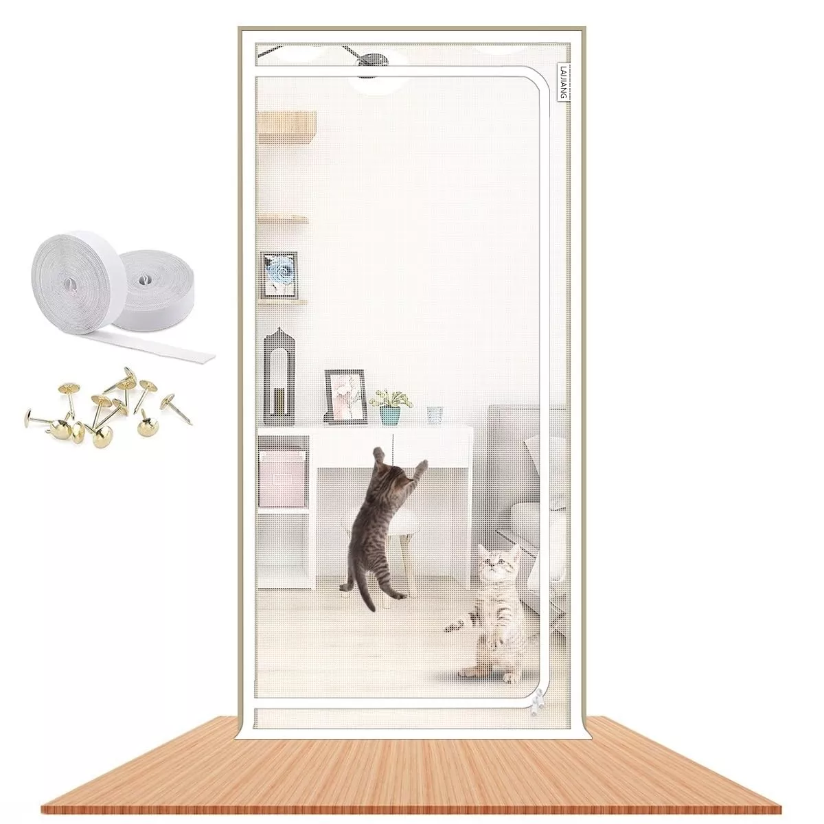 LAIJIANG Cat Screen Door - 51x87'' Reinforced Mesh, Zipper Closure, White, Alloy Steel, Model LAIJIANG 001, Pet Resistant