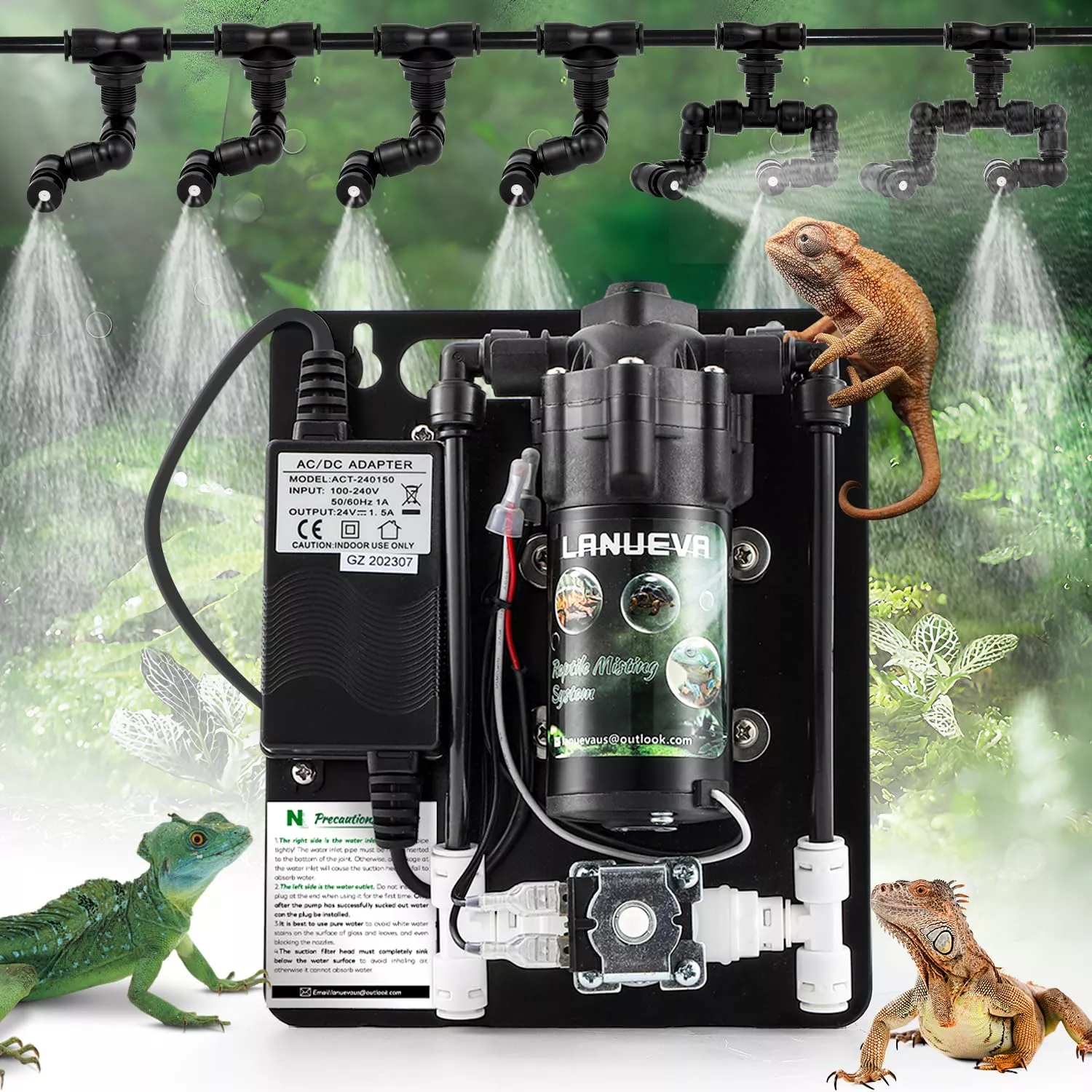 LANUEVA Reptile Humidifier, Quieter Mister Fogger for Terrarium with 4 Single Misting Nozzle + 2 Double Misting Nozzle, Reptile