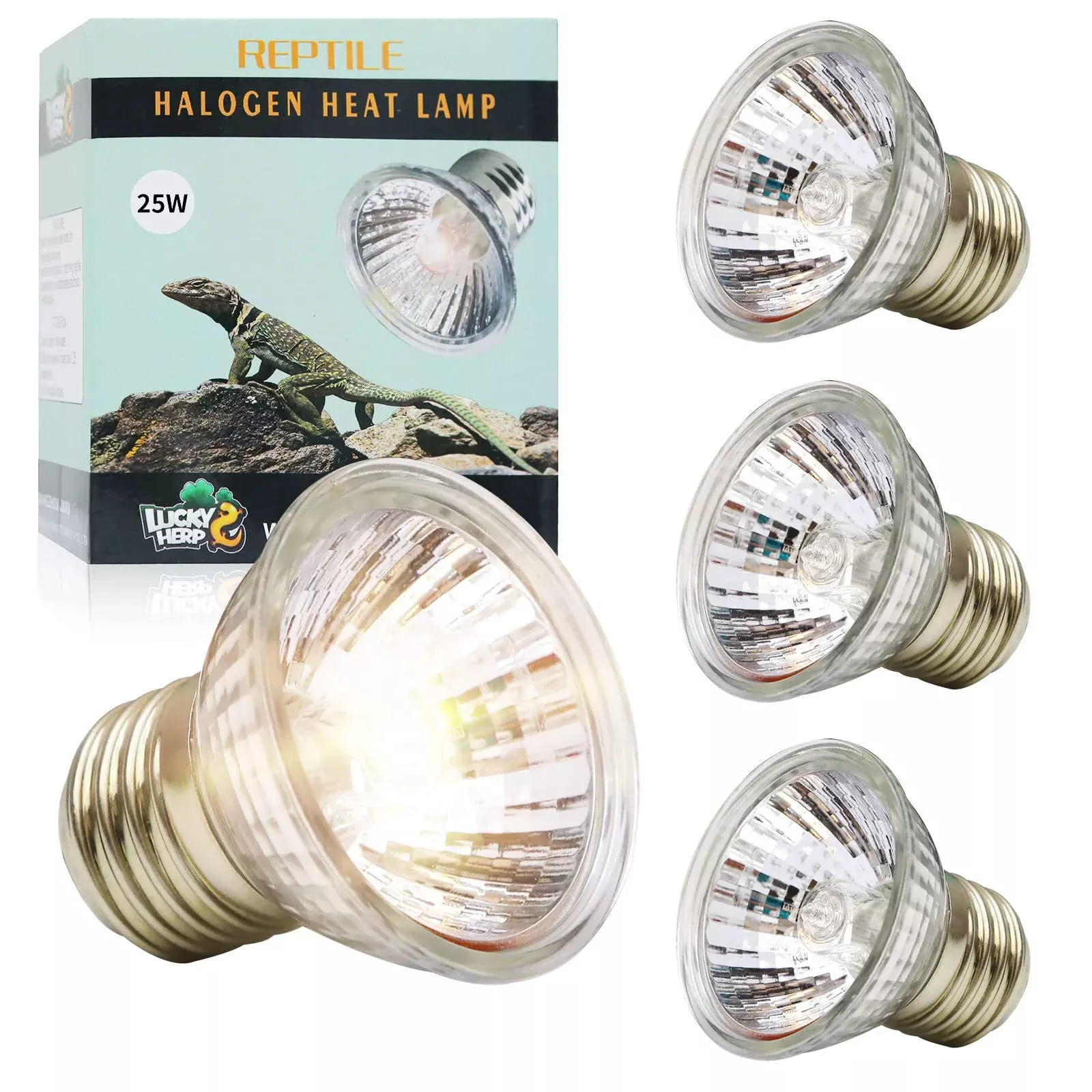 LUCKY HERP 25W UVA UVB Reptile Heat Lamp Bulbs, 4 Pack Glass Halogen, Ideal for Turtles, Bearded Dragons, and Lizards
