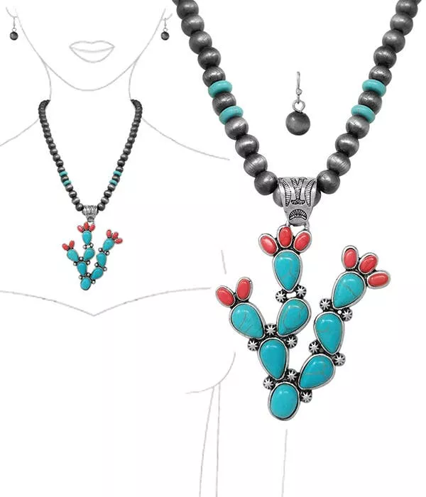 ( M510 ) NAVAJO PEARL AND CACTUS PENDANT NECKLACE SET