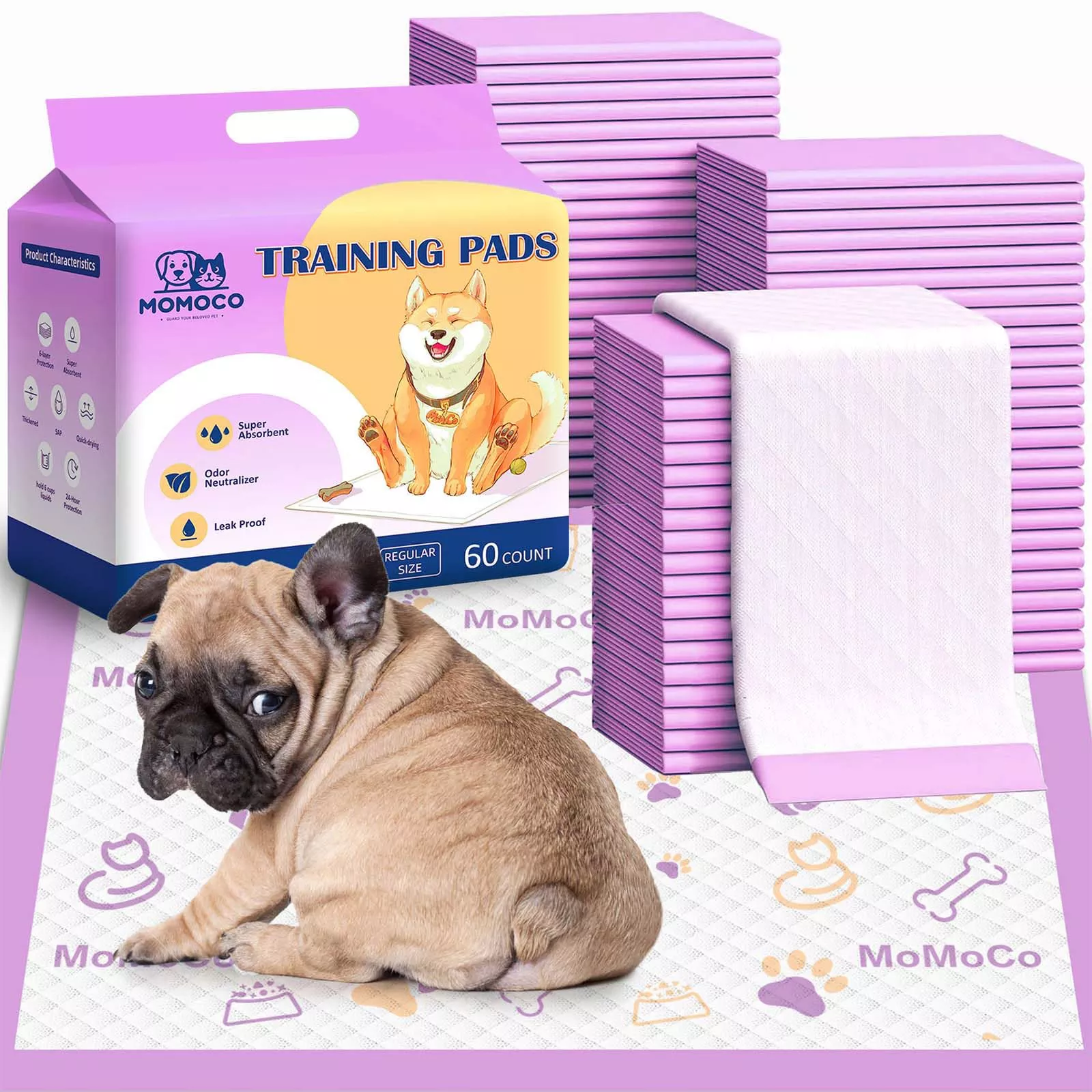 Momoco Puppy Pads 22''X22''-30 Count | Dog Pee Training Pads 6-Layer Super Absorbent & Leak-Proof,Disposable Pet Potty Pads For