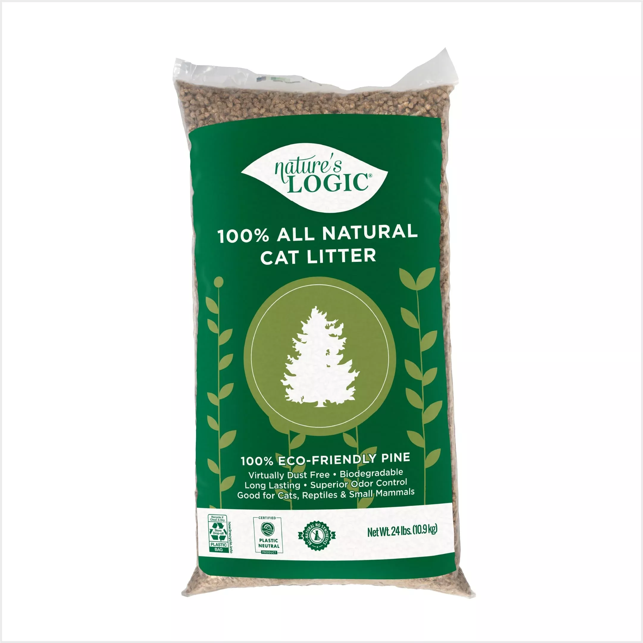 NATURE'S LOGIC 100% Natural Pine Pellet Cat Litter - 24 lb Bag, Dust-Free, Biodegradable, Unscented, Safe for Cats & Small Pets