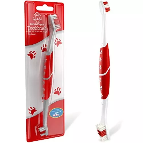 Pets & Pupps Pet Toothbrush for Dogs & Cats, Soft Bristles, Non-Slip Dual Head, Pack of 1, White & Red