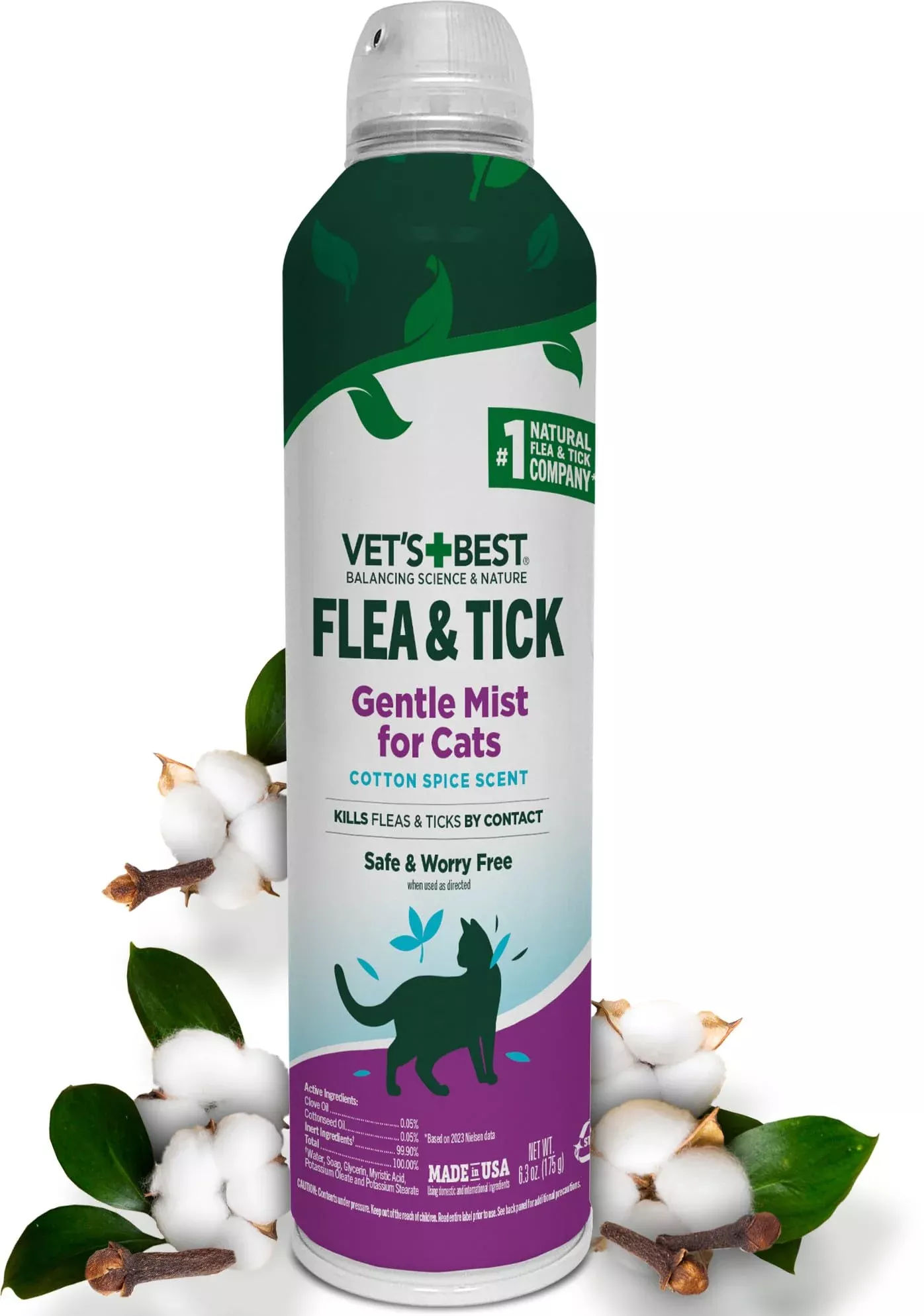 Vets Best Flea and Tick Gentle Mist for Cats - Cotton Spice Scent - Plant-Powered Flea and Tick Prevention - Pest Protection fo